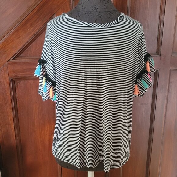 Hannah Striped Black & White Top With Colorful Tassels On Sleeves Medium - Picture 1 of 6